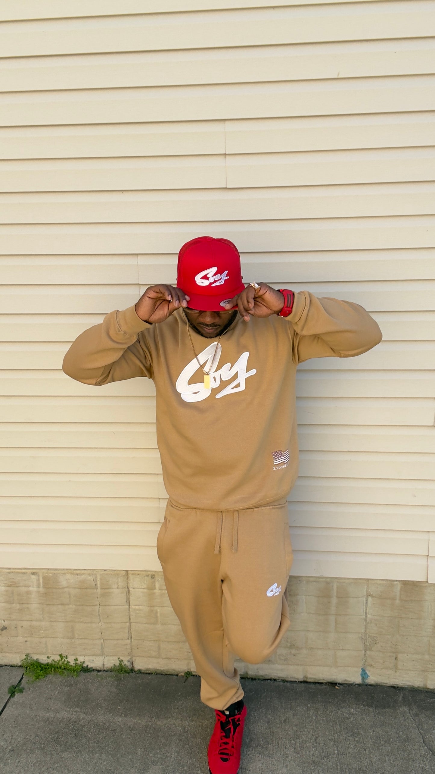 Red and white SOY trucker hat