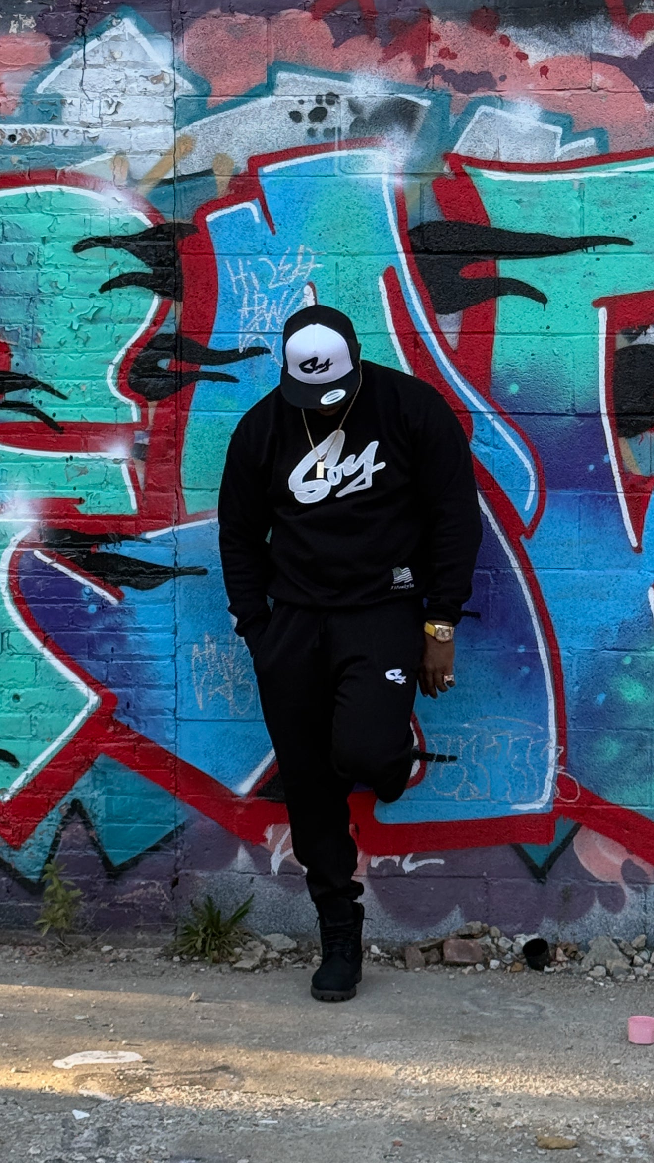 Black and white SOY Trucker hat,Sweater and Joggers bundle.